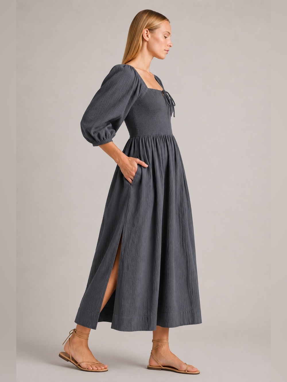 Quince Organic Cotton Gauze Smocked Square Neck Midi Dress Gray Large